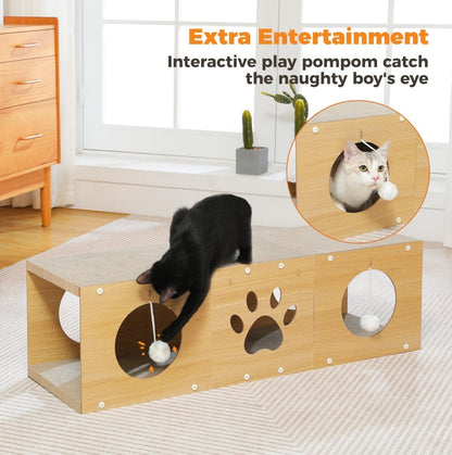 MUlti-Hole Fun Cat Tunnel With Scratching Board And Game Pom Pom