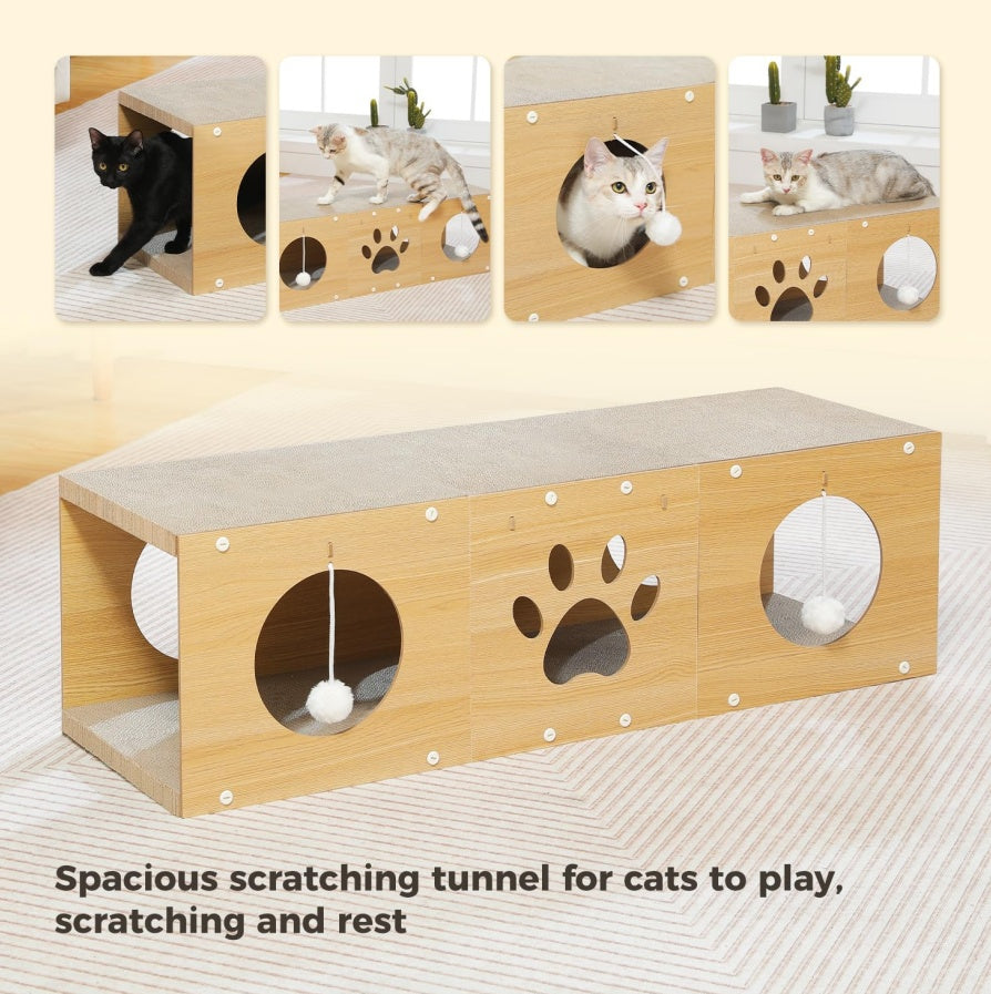 MUlti-Hole Fun Cat Tunnel With Scratching Board And Game Pom Pom