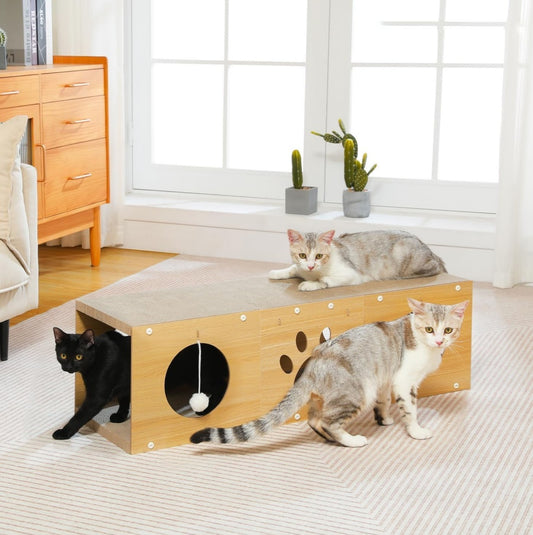 MUlti-Hole Fun Cat Tunnel With Scratching Board And Game Pom Pom